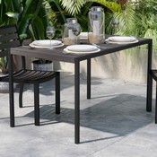 Lark Outdoor Dining Table with Synthetic Gray Wash Teak Poly Slats - 30" x 48" Steel Framed Restaurant Table with Umbrella Holder Hole, XU-DG-UH3048-GY-GG