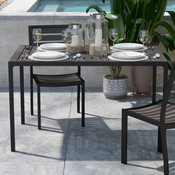 Lark Outdoor Dining Table with Synthetic Gray Wash Teak Poly Slats - 30" x 48" Steel Framed Restaurant Table with Umbrella Holder Hole, XU-DG-UH3048-GY-GG