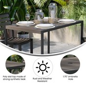 Lark Outdoor Dining Table with Synthetic Gray Wash Teak Poly Slats - 30" x 48" Steel Framed Restaurant Table with Umbrella Holder Hole, XU-DG-UH3048-GY-GG