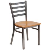 HERCULES Series Clear Coated Ladder Back Metal Restaurant Chair - Natural Wood Seat, XU-DG694BLAD-CLR-NATW-GG