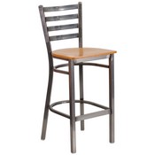 HERCULES Series Clear Coated Ladder Back Metal Restaurant Barstool - Natural Wood Seat, XU-DG697BLAD-CLR-BAR-NATW-GG