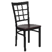 HERCULES Series Black Window Back Metal Restaurant Chair - Mahogany Wood Seat, XU-DG6Q3BWIN-MAHW-GG