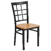 HERCULES Series Black Window Back Metal Restaurant Chair - Natural Wood Seat, XU-DG6Q3BWIN-NATW-GG