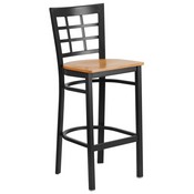 HERCULES Series Black Window Back Metal Restaurant Barstool - Natural Wood Seat, XU-DG6R7BWIN-BAR-NATW-GG