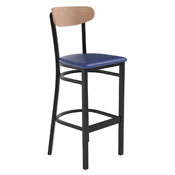 Wright Commercial Barstool with 500 LB. Capacity Black Steel Frame, Natural Birch Finish Wooden Boomerang Back, and Blue Vinyl Seat, XU-DG6V6BLV-NAT-GG