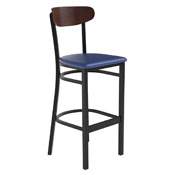 Wright Commercial Barstool with 500 LB. Capacity Black Steel Frame, Walnut Finish Wooden Boomerang Back, and Blue Vinyl Seat, XU-DG6V6BLV-WAL-GG