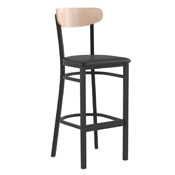 Wright Commercial Barstool with 500 LB. Capacity Black Steel Frame, Natural Birch Finish Wooden Boomerang Back, and Black Vinyl Seat, XU-DG6V6BV-NAT-GG