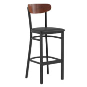 Wright Commercial Barstool with 500 LB. Capacity Black Steel Frame, Walnut Finish Wooden Boomerang Back, and Black Vinyl Seat, XU-DG6V6BV-WAL-GG