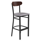 Wright Commercial Barstool with 500 LB. Capacity Black Steel Frame, Walnut Finish Wooden Boomerang Back, and Gray Vinyl Seat, XU-DG6V6GYV-WAL-GG