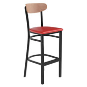 Wright Commercial Barstool with 500 LB. Capacity Black Steel Frame, Natural Birch Finish Wooden Boomerang Back, and Red Vinyl Seat, XU-DG6V6RDV-NAT-GG