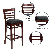 HERCULES Series Ladder Back Mahogany Wood Restaurant Barstool - Black Vinyl Seat, XU-DGW0005BARLAD-MAH-BLKV-GG