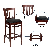 HERCULES Series Vertical Slat Back Mahogany Wood Restaurant Barstool - Black Vinyl Seat, XU-DGW0008BARVRT-MAH-BLKV-GG