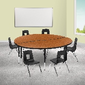 60" Circle Wave Flexible Laminate Activity Table Set with 12" Student Stack Chairs, Oak/Black, XU-GRP-12CH-A60-HCIRC-OAK-T-P-GG
