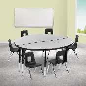 47.5" Circle Wave Flexible Laminate Activity Table Set with 14" Student Stack Chairs, Grey/Black, XU-GRP-14CH-A48-HCIRC-GY-T-P-GG