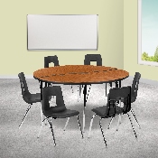 60" Circle Wave Flexible Laminate Activity Table Set with 18" Student Stack Chairs, Oak/Black, XU-GRP-18CH-A60-HCIRC-OAK-T-A-GG
