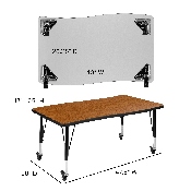 3 Piece Mobile 76" Oval Wave Flexible Oak Thermal Laminate Activity Table Set - Height Adjustable Short Legs, XU-GRP-A3048CON-48-OAK-T-P-CAS-GG