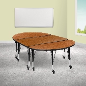 3 Piece Mobile 76" Oval Wave Flexible Oak Thermal Laminate Activity Table Set - Height Adjustable Short Legs, XU-GRP-A3048CON-48-OAK-T-P-CAS-GG