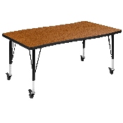 3 Piece Mobile 76" Oval Wave Flexible Oak Thermal Laminate Activity Table Set - Height Adjustable Short Legs, XU-GRP-A3048CON-48-OAK-T-P-CAS-GG