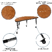 3 Piece Mobile 76" Oval Wave Flexible Oak Thermal Laminate Activity Table Set - Height Adjustable Short Legs, XU-GRP-A3048CON-48-OAK-T-P-CAS-GG