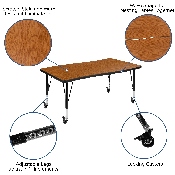 3 Piece Mobile 76" Oval Wave Flexible Oak Thermal Laminate Activity Table Set - Height Adjustable Short Legs, XU-GRP-A3048CON-48-OAK-T-P-CAS-GG