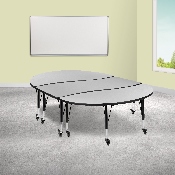 3 Piece Mobile 86" Oval Wave Flexible Grey Thermal Laminate Activity Table Set - Height Adjustable Short Legs, XU-GRP-A3060CON-60-GY-T-P-CAS-GG