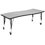 3 Piece Mobile 86" Oval Wave Flexible Grey Thermal Laminate Activity Table Set - Height Adjustable Short Legs, XU-GRP-A3060CON-60-GY-T-P-CAS-GG