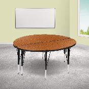 2 Piece 47.5" Circle Wave Flexible Oak Thermal Laminate Activity Table Set - Height Adjustable Short Legs, XU-GRP-A48-HCIRC-OAK-T-P-GG