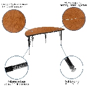 2 Piece 47.5" Circle Wave Flexible Oak Thermal Laminate Activity Table Set - Height Adjustable Short Legs, XU-GRP-A48-HCIRC-OAK-T-P-GG