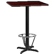 24'' Square Mahogany Laminate Table Top with 22'' x 22'' Bar Height Table Base and Foot Ring, XU-MAHTB-2424-T2222B-3CFR-GG