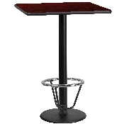 24'' Square Mahogany Laminate Table Top with 18'' Round Bar Height Table Base and Foot Ring, XU-MAHTB-2424-TR18B-3CFR-GG