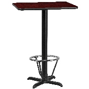 24'' x 30'' Rectangular Mahogany Laminate Table Top with 22'' x 22'' Bar Height Table Base and Foot Ring, XU-MAHTB-2430-T2222B-3CFR-GG