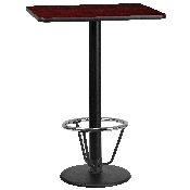24'' x 30'' Rectangular Mahogany Laminate Table Top with 18'' Round Bar Height Table Base and Foot Ring, XU-MAHTB-2430-TR18B-3CFR-GG