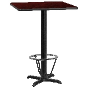 30'' Square Mahogany Laminate Table Top with 22'' x 22'' Bar Height Table Base and Foot Ring, XU-MAHTB-3030-T2222B-3CFR-GG