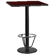 30'' Square Mahogany Laminate Table Top with 18'' Round Bar Height Table Base and Foot Ring, XU-MAHTB-3030-TR18B-3CFR-GG