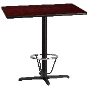 30'' x 42'' Rectangular Mahogany Laminate Table Top with 23.5'' x 29.5'' Bar Height Table Base and Foot Ring, XU-MAHTB-3042-T2230B-3CFR-GG