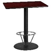 30'' x 42'' Rectangular Mahogany Laminate Table Top with 24'' Round Bar Height Table Base and Foot Ring
