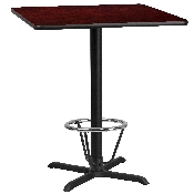 36'' Square Mahogany Laminate Table Top with 30'' x 30'' Bar Height Table Base and Foot Ring, XU-MAHTB-3636-T3030B-3CFR-GG