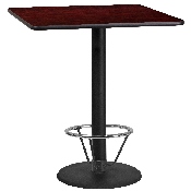 36'' Square Mahogany Laminate Table Top with 24'' Round Bar Height Table Base and Foot Ring, XU-MAHTB-3636-TR24B-4CFR-GG