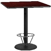 42'' Square Mahogany Laminate Table Top with 24'' Round Bar Height Table Base and Foot Ring, XU-MAHTB-4242-TR24B-4CFR-GG