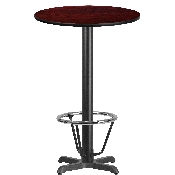 24'' Round Mahogany Laminate Table Top with 22'' x 22'' Bar Height Table Base and Foot Ring, XU-RD-24-MAHTB-T2222B-3CFR-GG