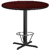 42'' Round Mahogany Laminate Table Top with 33'' x 33'' Bar Height Table Base and Foot Ring, XU-RD-42-MAHTB-T3333B-4CFR-GG