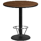 42'' Round Walnut Laminate Table Top with 24'' Round Bar Height Table Base and Foot Ring, XU-RD-42-WALTB-TR24B-4CFR-GG