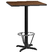 24'' Square Walnut Laminate Table Top with 22'' x 22'' Bar Height Table Base and Foot Ring, XU-WALTB-2424-T2222B-3CFR-GG