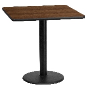24'' Square Walnut Laminate Table Top with 18'' Round Table Height Base, XU-WALTB-2424-TR18-GG