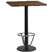 24'' Square Walnut Laminate Table Top with 18'' Round Bar Height Table Base and Foot Ring, XU-WALTB-2424-TR18B-3CFR-GG