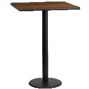 24'' Square Walnut Laminate Table Top with 18'' Round Bar Height Table Base, XU-WALTB-2424-TR18B-GG