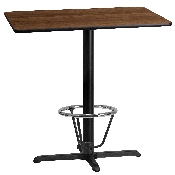 24'' x 42'' Rectangular Walnut Laminate Table Top with 23.5'' x 29.5'' Bar Height Table Base and Foot Ring, XU-WALTB-2442-T2230B-3CFR-GG