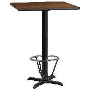 30'' Square Walnut Laminate Table Top with 22'' x 22'' Bar Height Table Base and Foot Ring, XU-WALTB-3030-T2222B-3CFR-GG