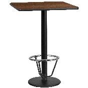 30'' Square Walnut Laminate Table Top with 18'' Round Bar Height Table Base and Foot Ring, XU-WALTB-3030-TR18B-3CFR-GG