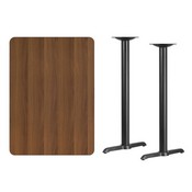 30'' x 42'' Rectangular Walnut Laminate Table Top with 5'' x 22'' Bar Height Table Bases, XU-WALTB-3042-T0522B-GG